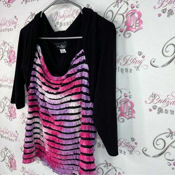 Bellissima long sleeve ruffle tiered ombré tie dye Black and Pink Striped Top - Picture 4 of 8